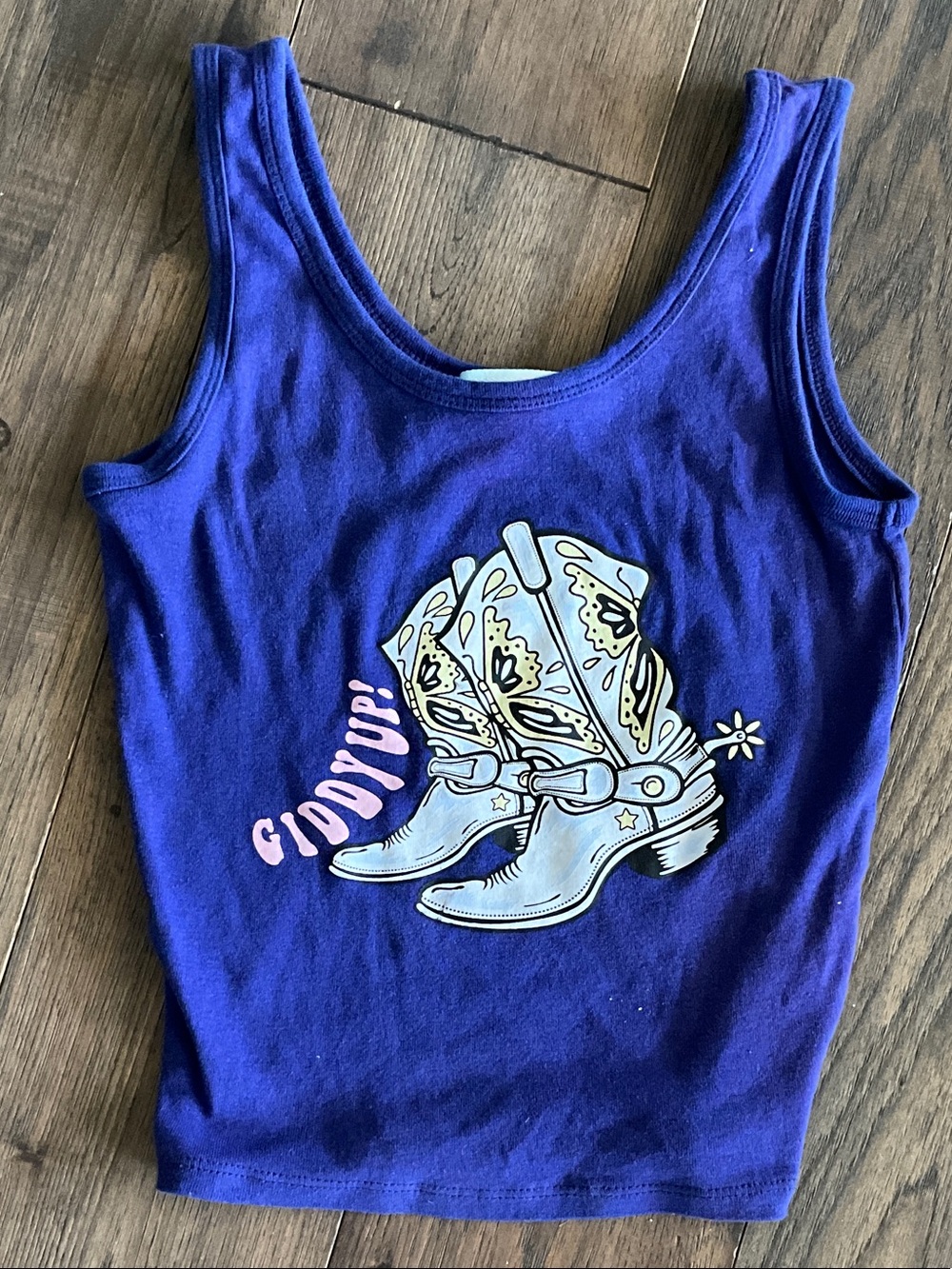 Purple Graphic Crop Tank Top with Cowboy Boot Print